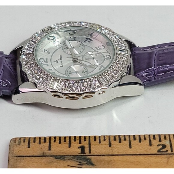Louis Arden LA7258 Wrist Watch Purple Leather Band Crystal Bezel Japan Works! - Picture 9 of 16